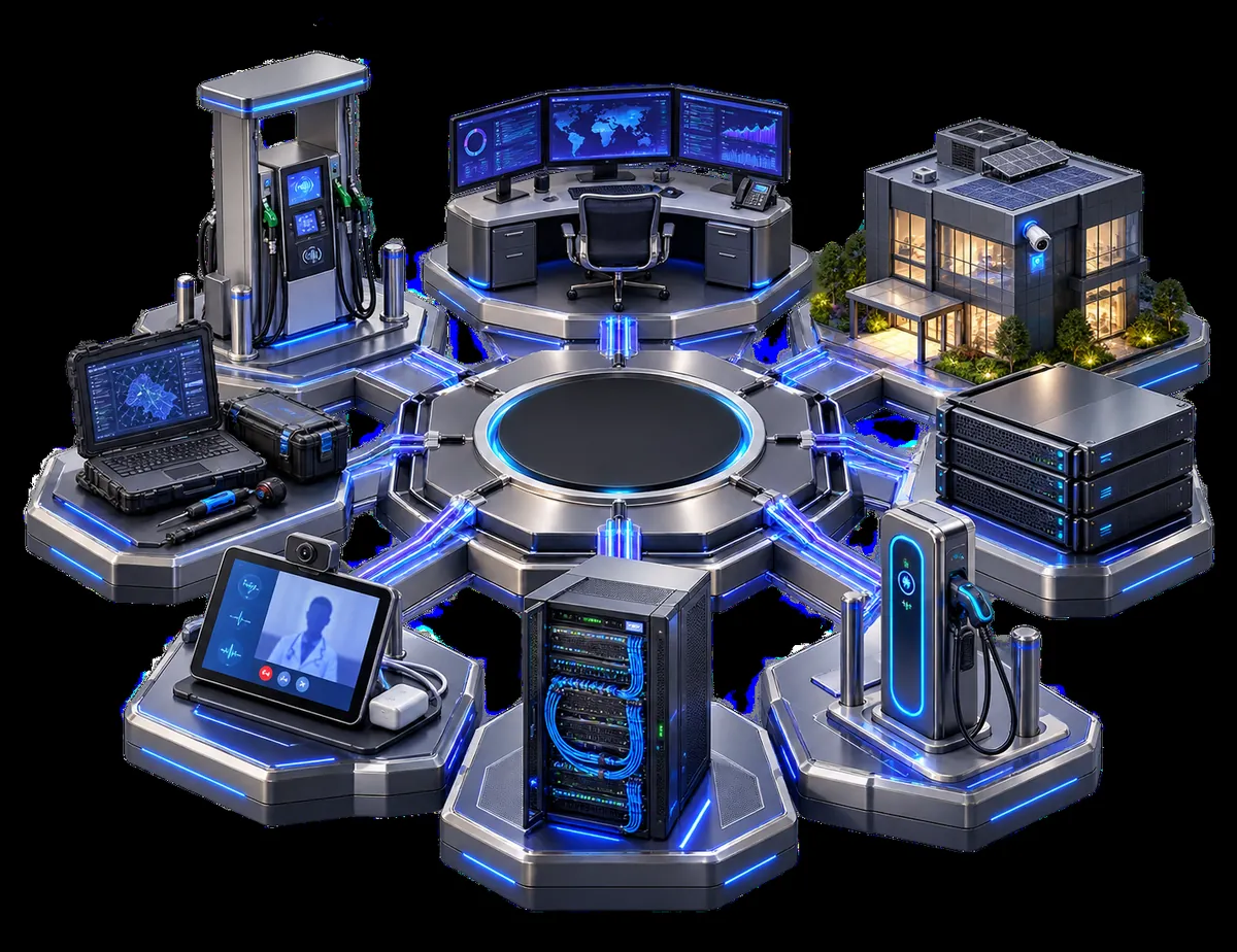 Illustration of a connected forecourt, EV charging and smart buildings around one service hub
