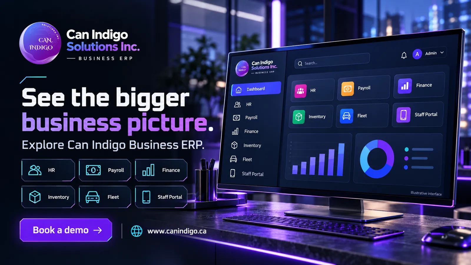 Can Indigo Business ERP dashboard with HR, payroll, finance, inventory, fleet and Staff Portal modules