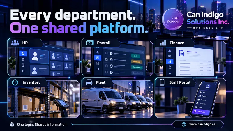 Campaign artwork: Every department. One shared platform. HR, Payroll, Finance, Inventory, Fleet and Staff Portal.